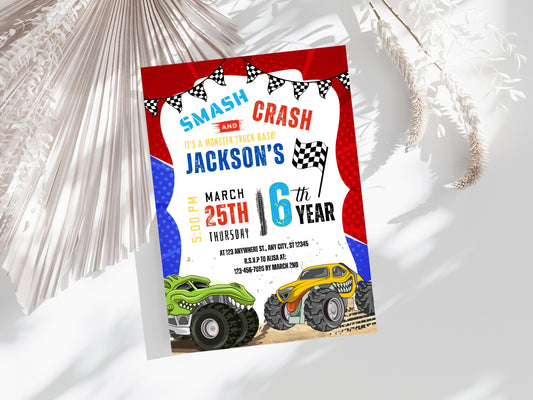 Editable Monster Truck Birthday Invitation, Big Wheel Party (PDF)