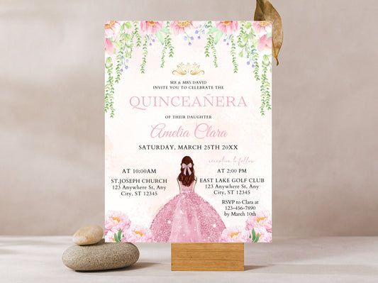 Floral Pink Dress Quinceañera Invitation Template (Editable, Digital Download)