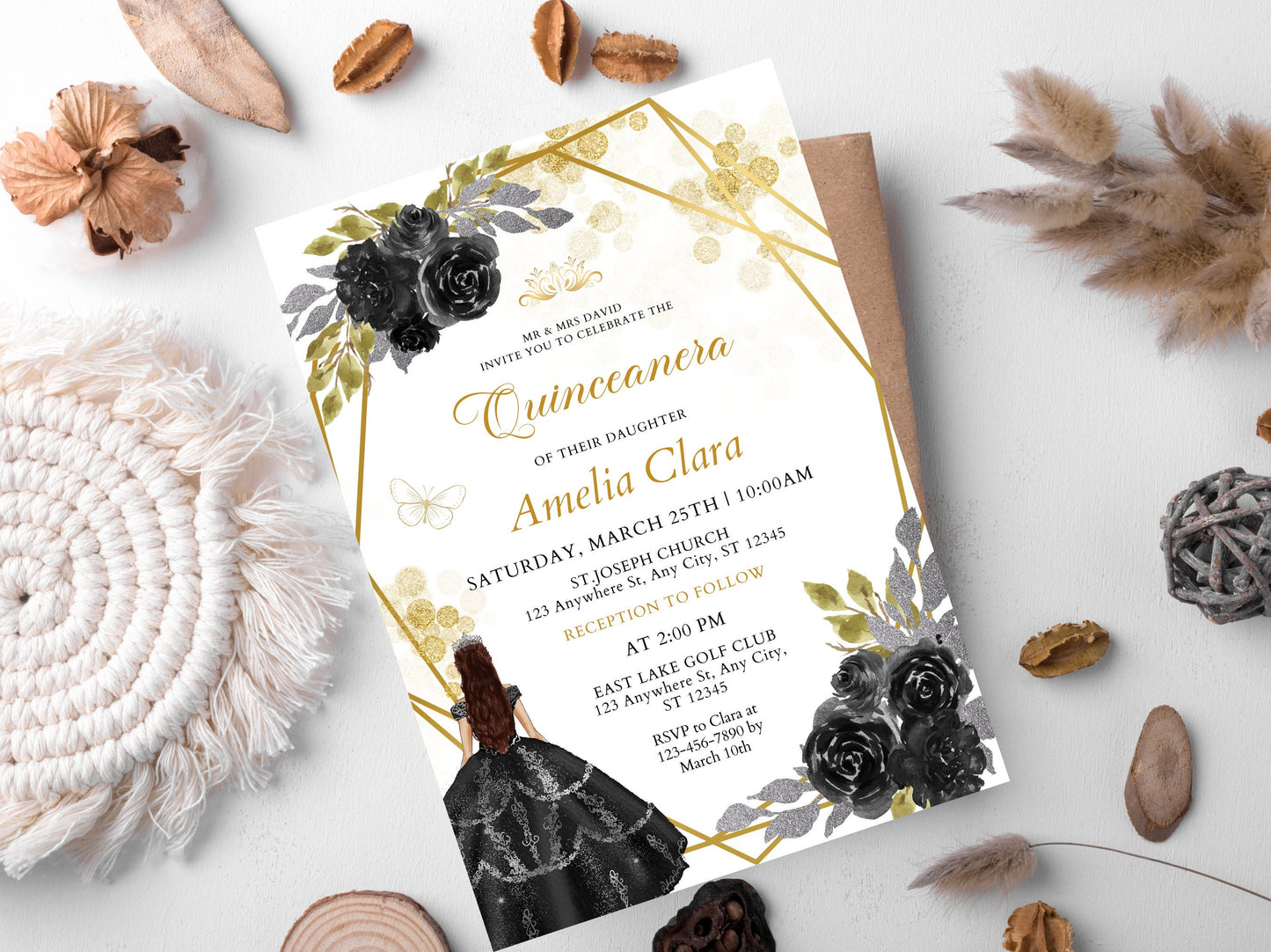 Editable Black and Gold Quinceanera Invitation, Wildflower Design (PDF)