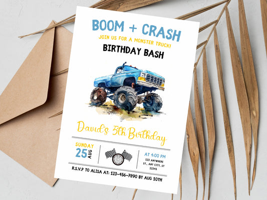 Editable Monster Truck Birthday Invitation, Big Wheel Party (Printable)