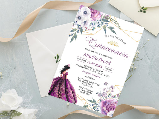 Floral Lavender Quinceañera Invitation, Editable Canva Template (Digital Download)