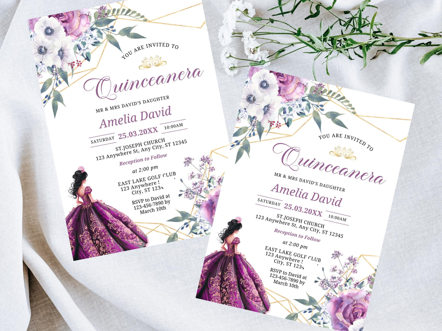 Floral Lavender Quinceañera Invitation, Editable Canva Template (Digital Download)
