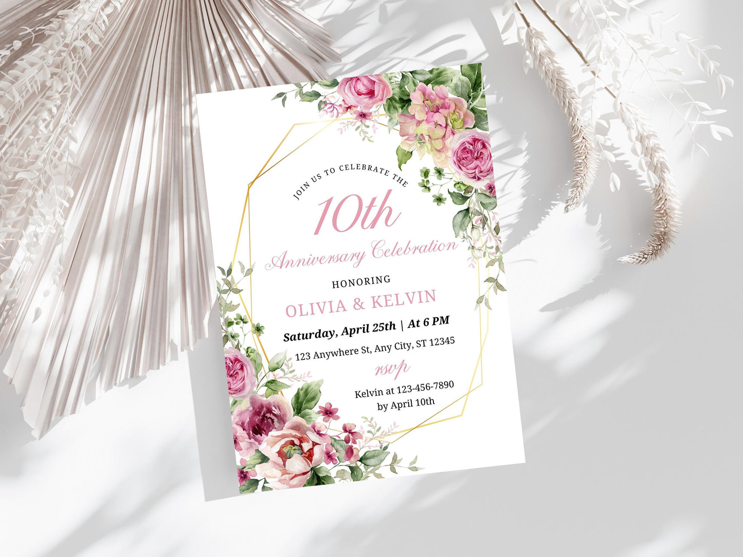 Greenery Floral 10th Anniversary Invitation Template (Editable, Printable)