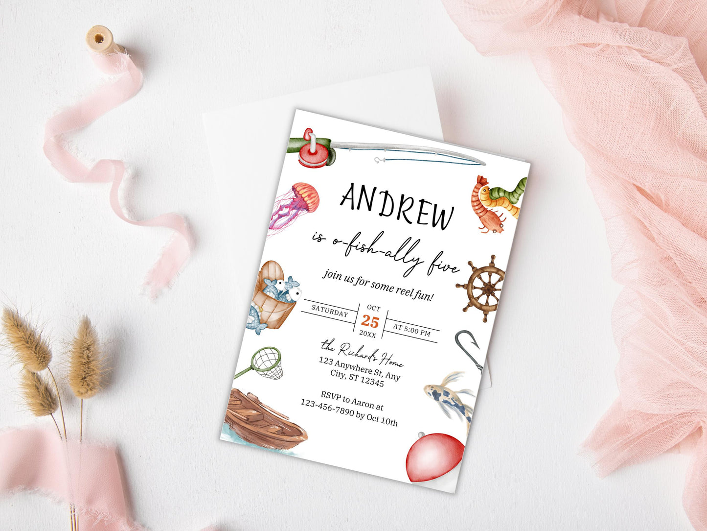 Invitation d'anniversaire sur le thème de la pêche, O-Fish-Ally One, modèle modifiable (téléchargement numérique)