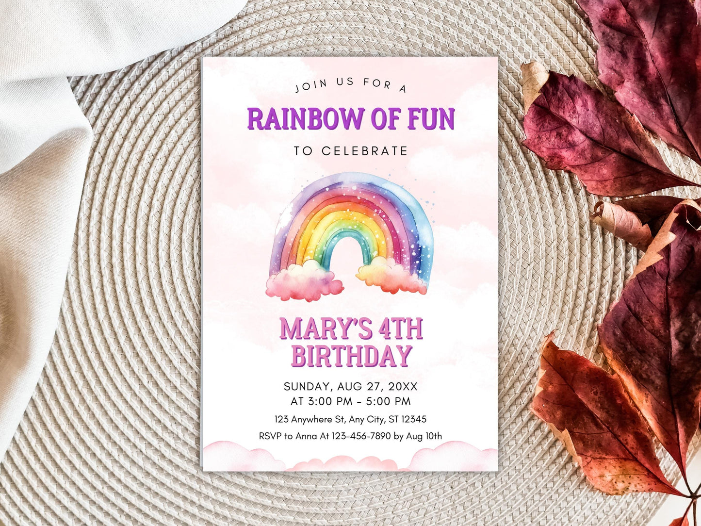 Editable Rainbow Birthday Invitation Template (PDF)
