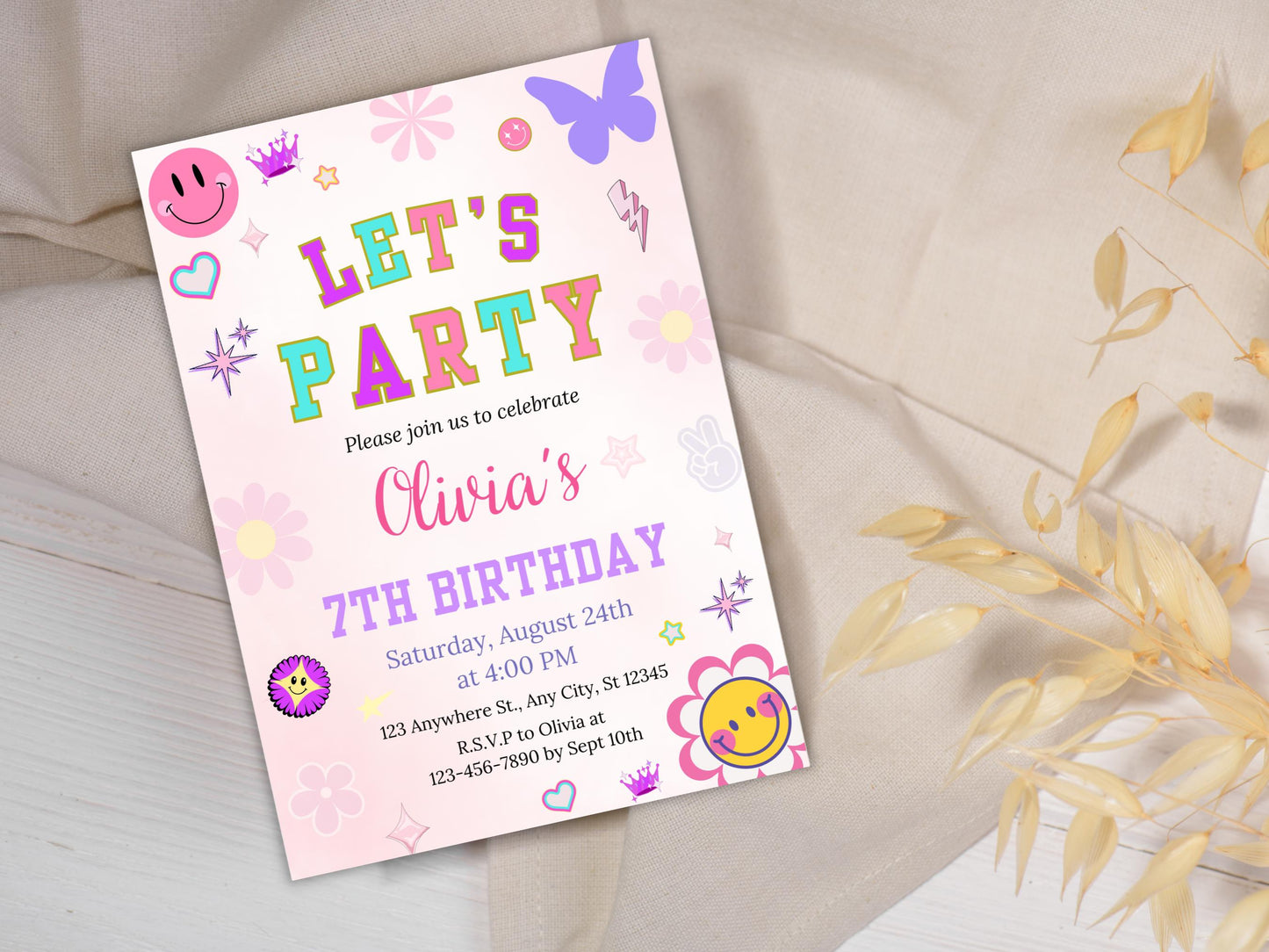 Retro Birthday Invitation Template, Patch Letter Party (Digital Download)
