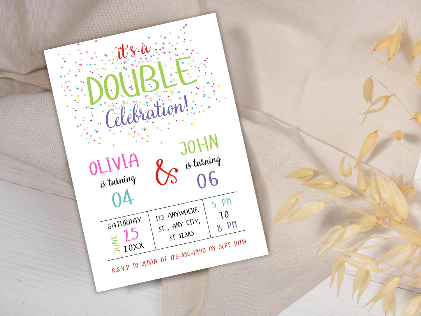 Doppelgeburtstagseinladung: Geschwisterfeier, bearbeitbare Canva-Vorlage (PDF)