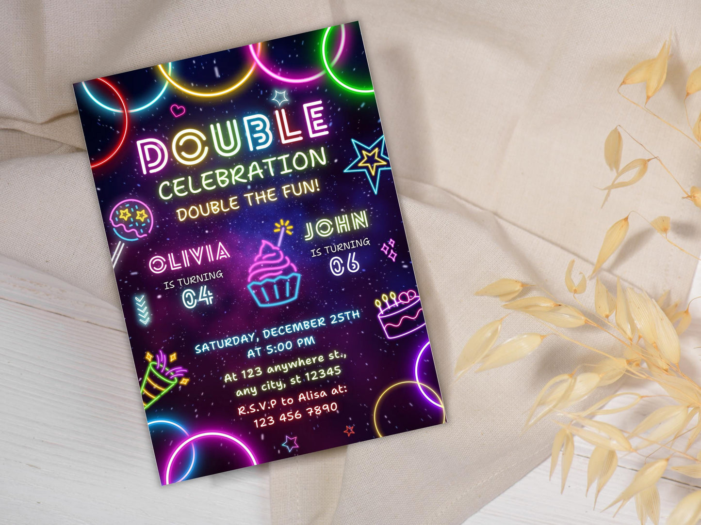 Editable Neon Joint Birthday Invitation Template (Digital Download)