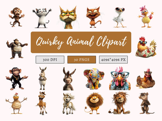 Quirky Animal Clipart Bundle png, Whimsical Animal Clipart png, Whimsical Safari Animal Clipart, Animal Clipart Bundle png