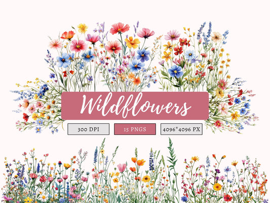Wildflower Clipart Bundle png, Floral Clipart Bundle, Watercolor Floral Clipart, Watercolor Wildflower Clipart, Boho Floral Clipart