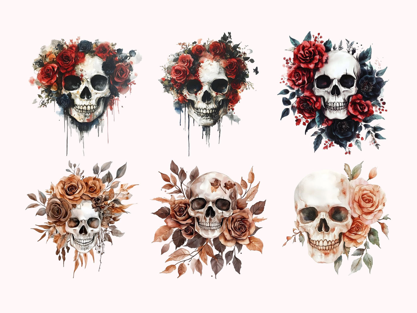 Floral Skull Clipart Bundle png, Skull png, Skull Clipart, Floral Skull Silhouette, Floral Skull Bundle, Gothic Clipart, Wiccan Clipart