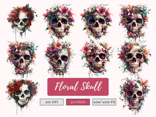 Floral Skull Clipart Bundle png, Skull png, Skull Clipart, Floral Skull Silhouette, Floral Skull Bundle, Gothic Clipart, Wiccan Clipart