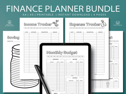 Monthly Finance Planner Bundle: Budget, Expense, Savings Trackers (Digital Download)