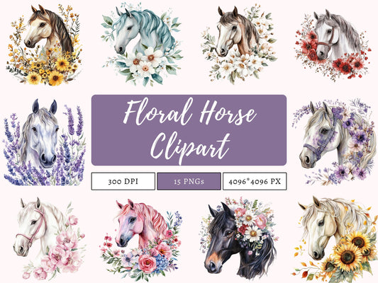 Floral Horse Clipart Bundle png, Watercolor Floral Horse Clipart, Floral Horse Clipart, Horse Clipart, Animal Clipart, Boho Floral Horse