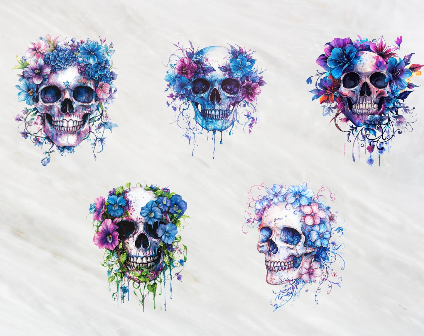 Floral Skull Clipart Bundle, Whimsical PNG Images (Digital Download)