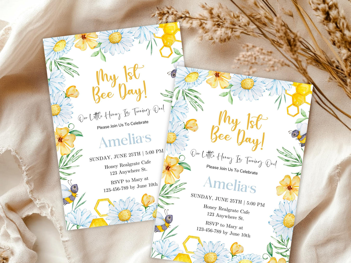Bee 1st Birthday Invitation Template, Editable Canva (PDF)