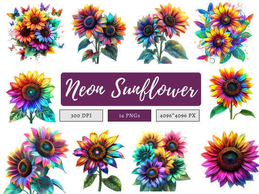 Sunflower Clipart Bundle, Neon Sunflower Clipart png, Sunflower png, Watercolor Neon Sunflower Clipart png, Digital Download