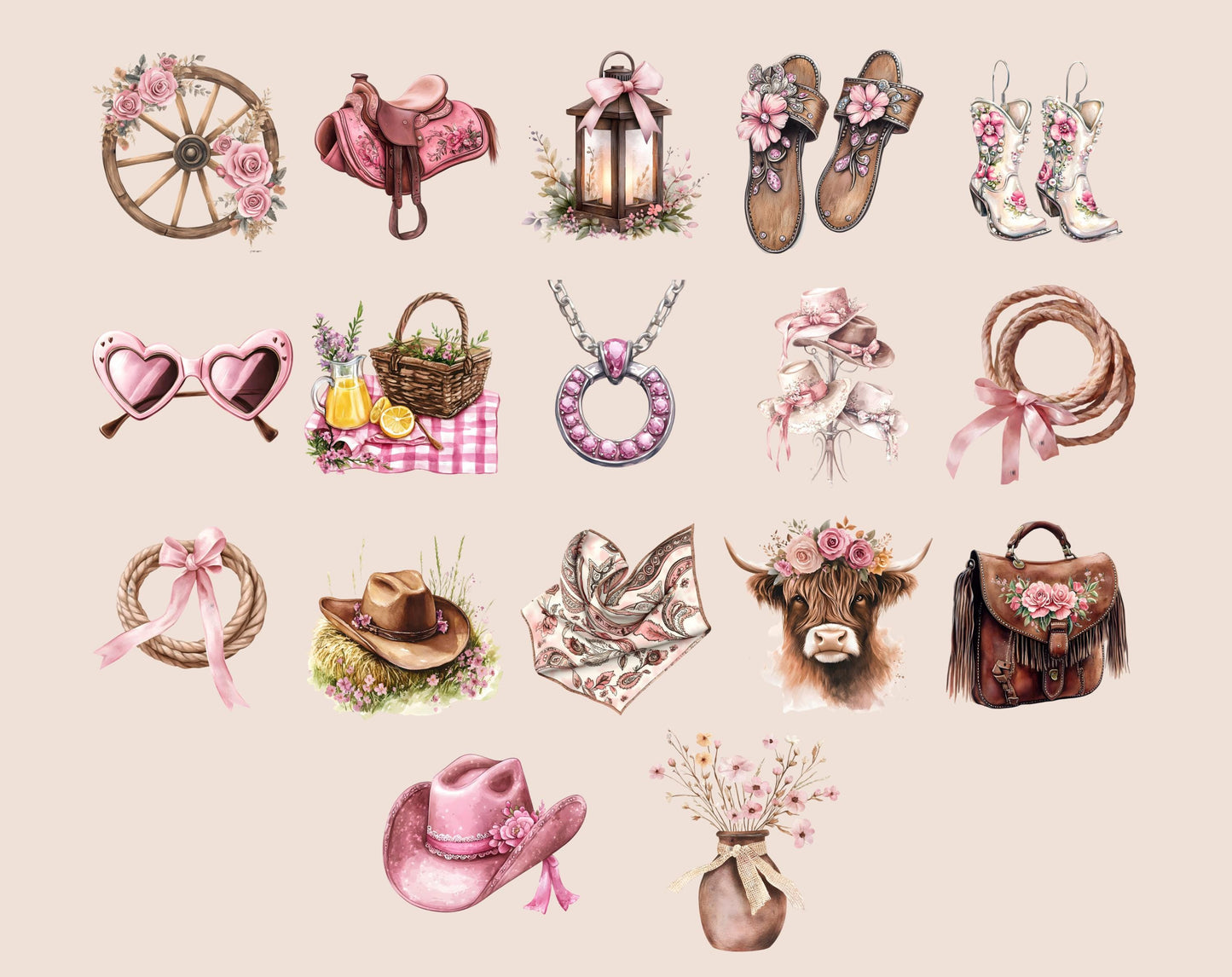 Western Coquette Clipart Bundle, Pink Cowboy Graphics (Digital Download)