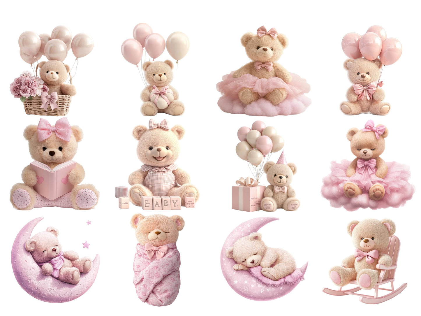 Teddybär-Clipart (PNG), Rosa Teddybär-Clipart-Bundle (PNG), Aquarell-Teddybär-Clipart, Babyparty-Clipart, Niedliche Teddybär-Clipart