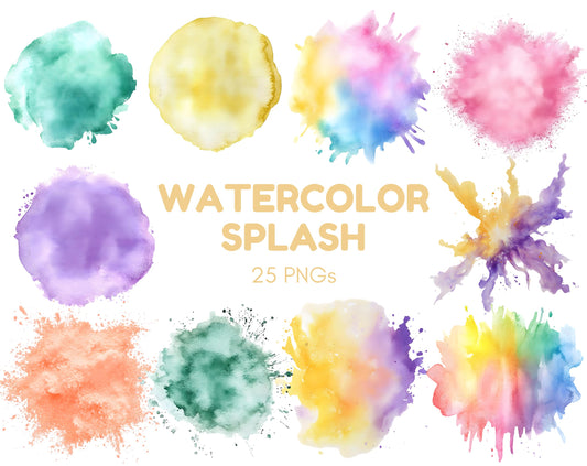 Pastel Watercolor Splash Clipart, PNG Color Clipart (Digital Download)