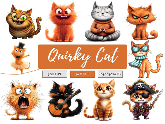 Quirky Cat Clipart png Bundle, Cat Clipart png, Funny Cat Clipart, Cute Cat Clipart, Whimsical Cat Clipart, Cute Animal Clipart, Whimsy Cat