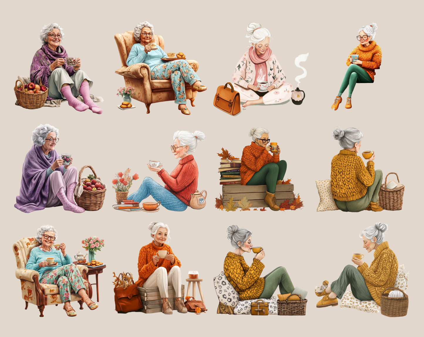Watercolor Senior Lady Clipart, Cozy Tea Coffee PNG Bundle