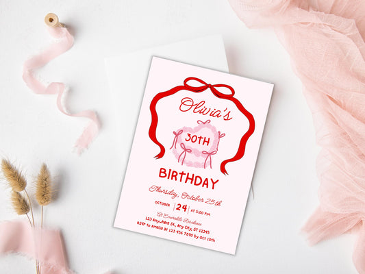 Retro Cake 30th Birthday Invitation Template, Pink Bow Coquette Invite (Editable, PDF)