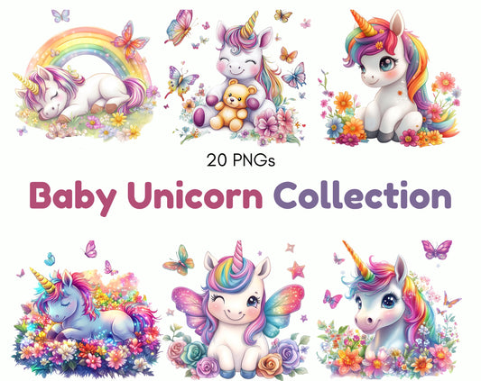 Watercolor Baby Unicorn Clipart Collection, Unicorn PNG Set (Digital Download)