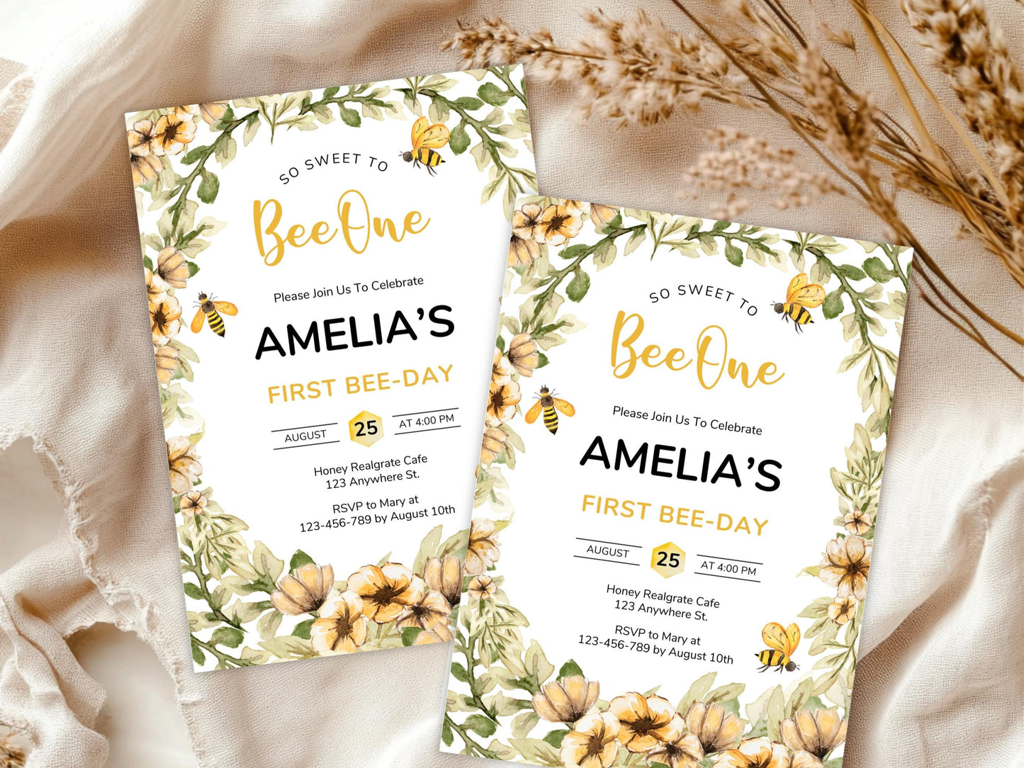 Bee First Birthday Invitation Template, Editable Canva (PDF)