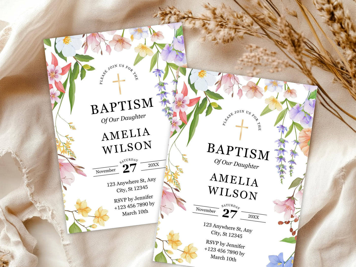 Wildflower Baptism Invitation Template: Greenery Christening Evite (Printable)