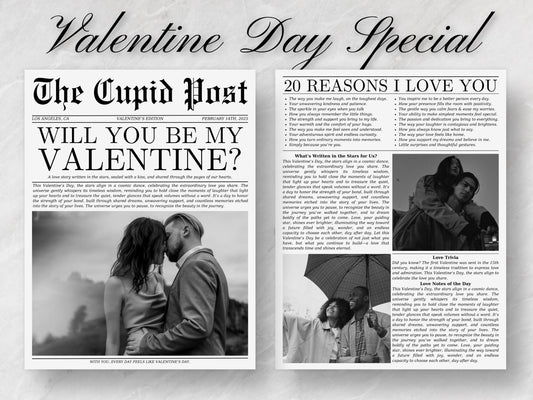 Valentine's Day Newspaper Template: Cupid Post, Editable Canva Design (Instant Download)