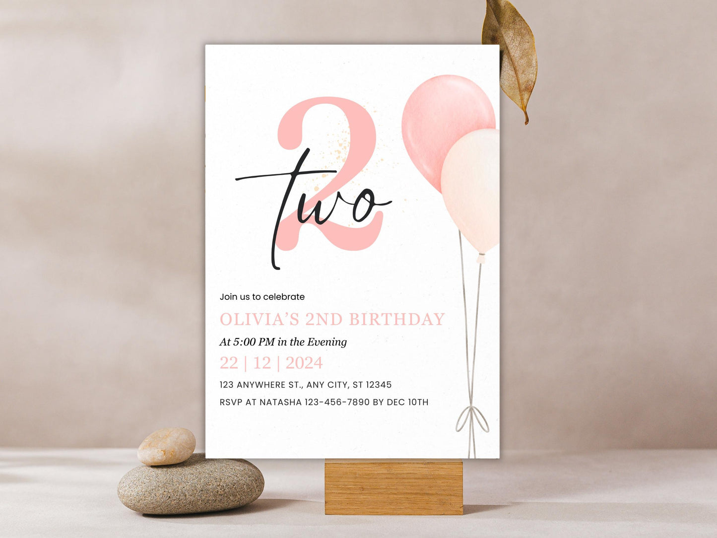 Minimalist 2nd Birthday Invitation: Blush Balloons (Editable, PDF)