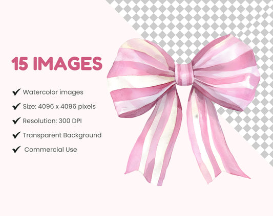Watercolor Pink Bow Clipart Bundle, Pink Bow Clipart, Bow Clipart png, Coquette Bow Clipart, Checkered Pink Bow Clipart, Pink Ribbon Bow