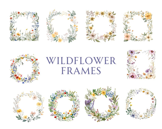 Watercolor Wildflower Clipart Set, Floral Frames, Monogram (PNG Digital Download)