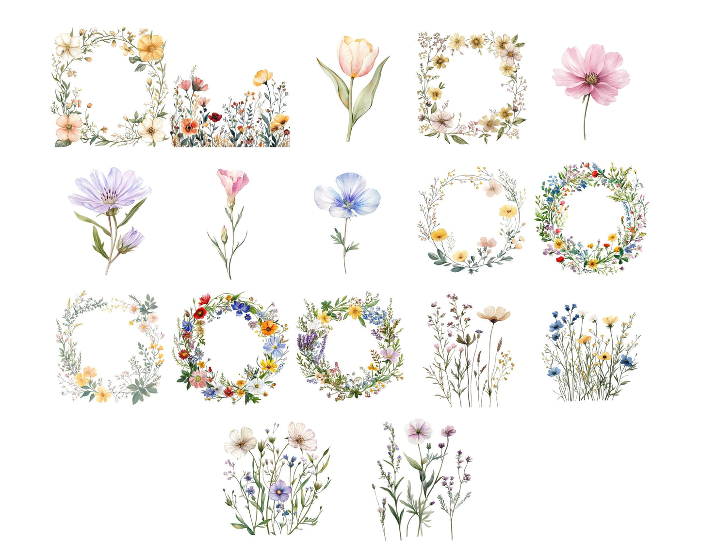 Watercolor Wildflower Clipart Set, Floral Frames, Monogram (PNG Digital Download)