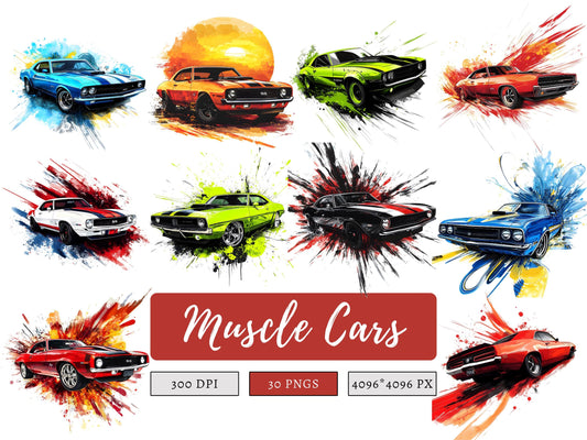 Watercolor Muscle Car Clipart, Automotive Clipart png, Classic Muscle Car Clipart, Vintage American Car png, Race Cars png, Digital Download
