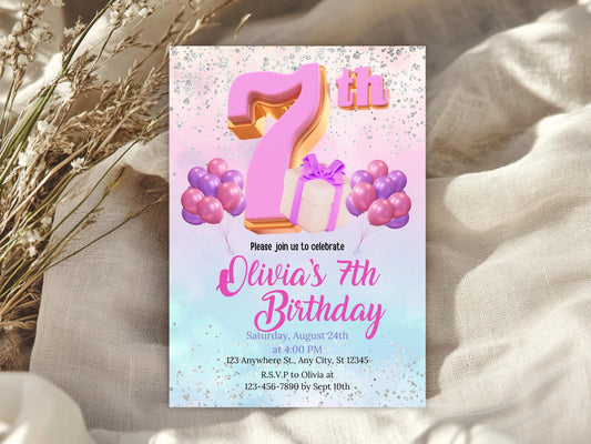 Glitter Rainbow 7th Birthday Invitation Template (Digital Download)