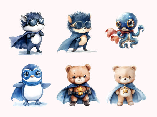 Watercolor Animal Super Heroes Clipart Bundle, Animal Super Hero png, Super Hero Clipart, Cute Animal Super Hero png, Cute Baby Animal png