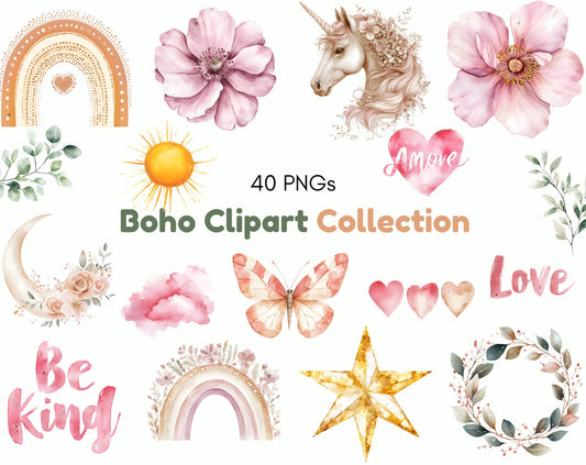 Watercolor Boho Rainbow Clipart Bundle, Nursery Art (Digital Download)
