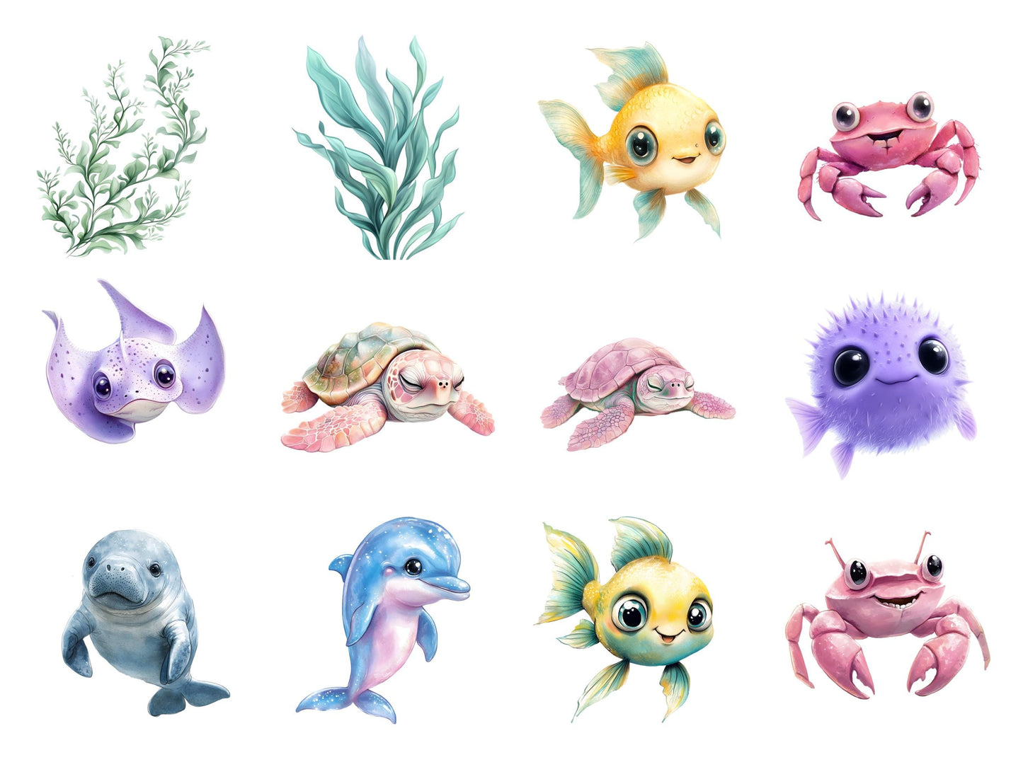 Aquarell-Unterwasser-Clipart-Bundle (PNG), Pastell-Unterwasser-Clipart (PNG), Unterwassertier-Clipart, Meerjungfrauen-Clipart, Unterwasserwesen-Clipart