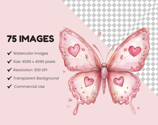 Pink Watercolor Butterfly Clipart Bundle, Garden Flowers (Digital Download)