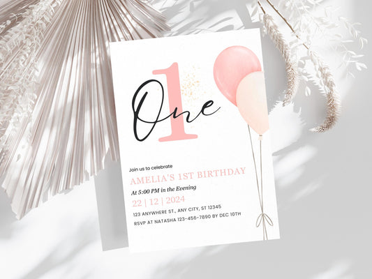 Minimalist 1st Birthday Invitation: Blush Balloons, Editable Template (PDF)