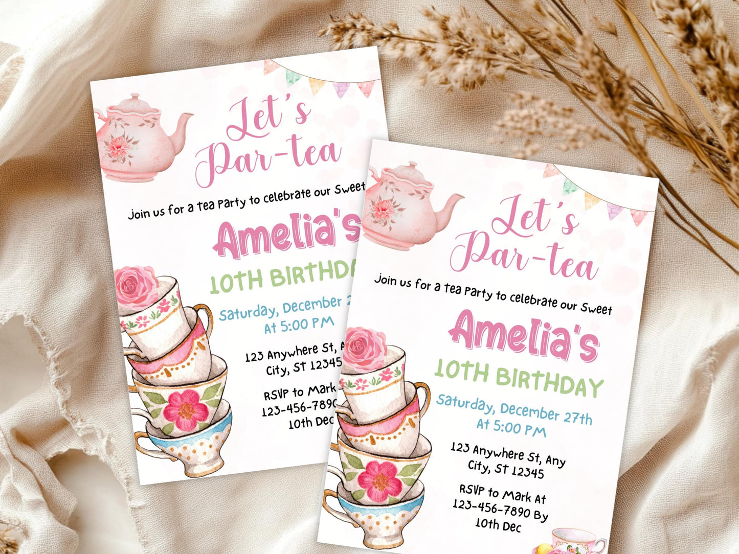 Editable Tea Party Birthday Invitation Template, Pink Floral Invite (Digital Download)