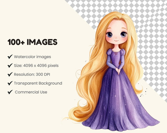 Watercolor Princess Clipart Bundle, Fairytale Nursery Art (Digital Download)