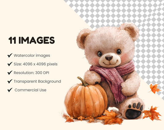 Watercolor Teddy Bear Clipart Bundle, Nursery Art (PNG, Digital Download)