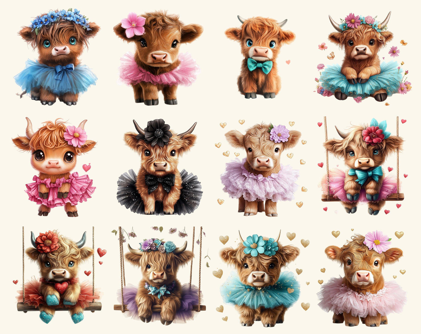 Aquarell-Highland-Rinder-Clipart-Bundle (PNG), Niedliche Highland-Rinder-Clipart, Lustige Kuh-PNG, Baby-Highland-Rinder-PNG, Kuh-Clipart, Sofort-Download