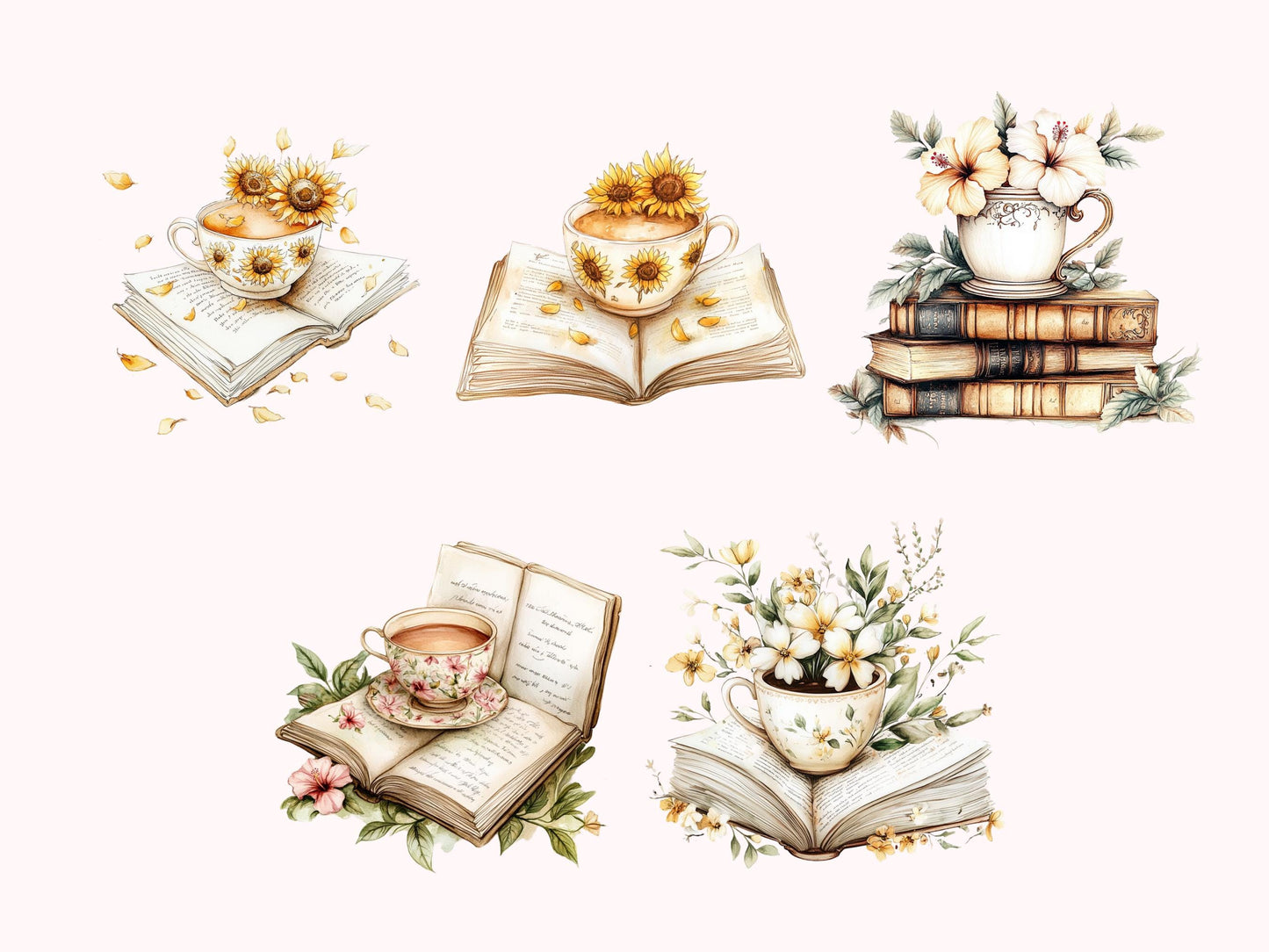 Floral Coffee Cup Clipart png, Coffee And Book Clipart png Bundle, Watercolor Floral Book Clipart, Floral Cup Clipart, Book Clipart