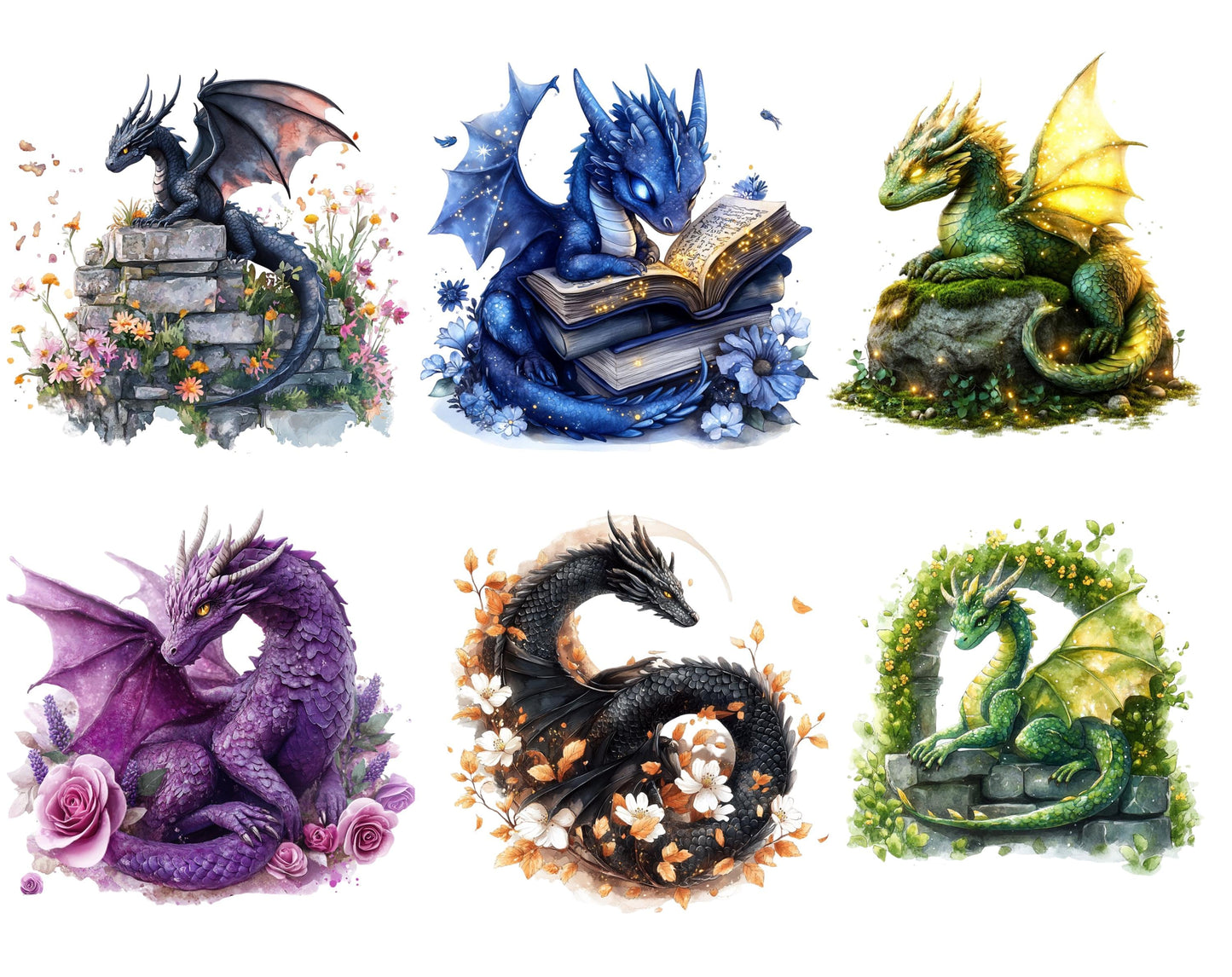 Watercolor Fantasy Dragon Clipart Set, Whimsical PNG Bundle (Digital Download)