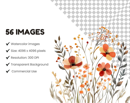 Watercolor Wildflower Clipart Set, Floral Elements (Digital Download)