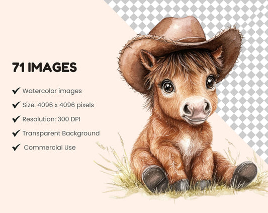 Watercolor Baby Cowboy Clipart Bundle, Wild West Graphics (PNG)